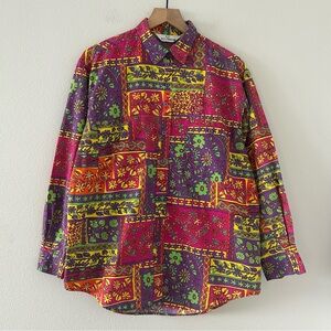 Vintage 80s A.F. Accordeon 100% Cotton Button Up Sz L Bright Colorful Floral Art
